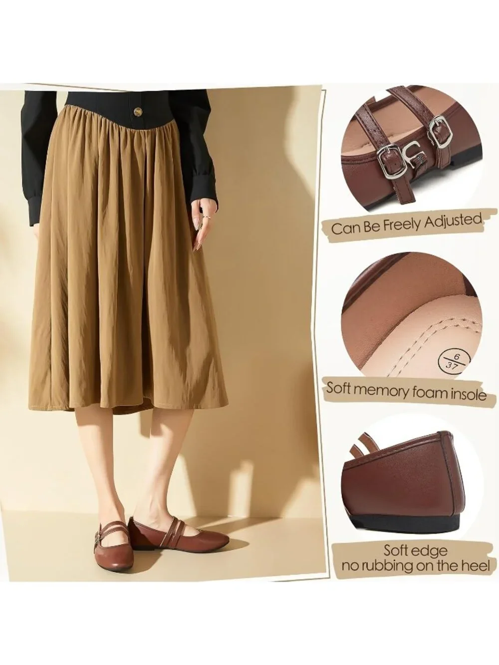 Women's Tan Faux Leather Round Toe Adjustable Buckle Strap Flats Slip On Shoes